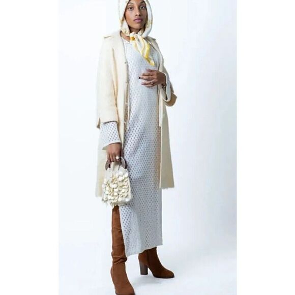 Roos Atkins Coat Ivory Curly Boucle  Wool 1960 Jacket Bell Sleeves Size Medium - Picture 2 of 14